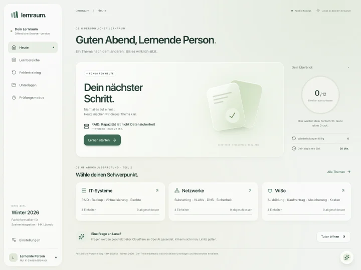 Screenshot des Lernraum-Dashboards mit Lernbereichen, Tagesfokus und lokalem Fortschritt.